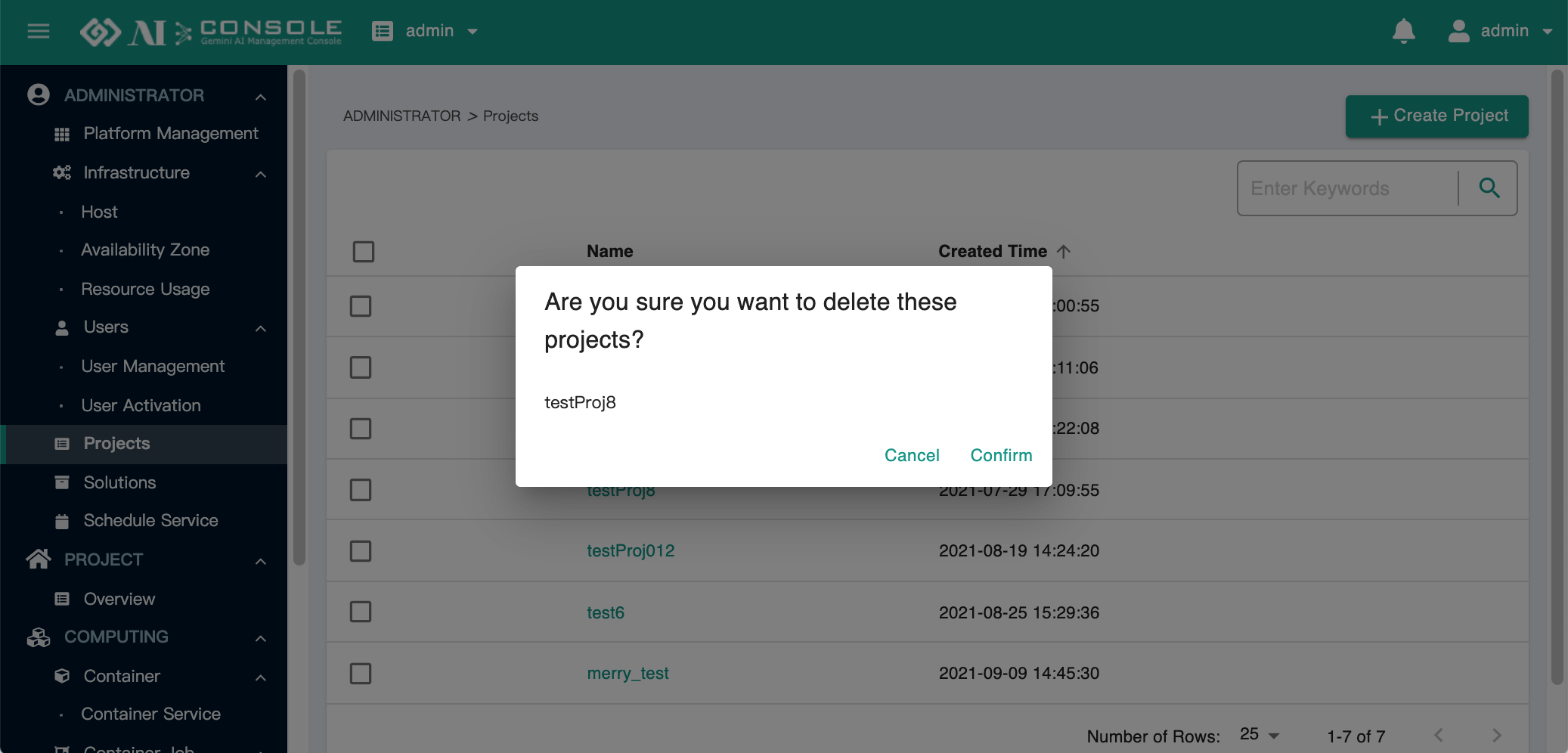 delete project confirm