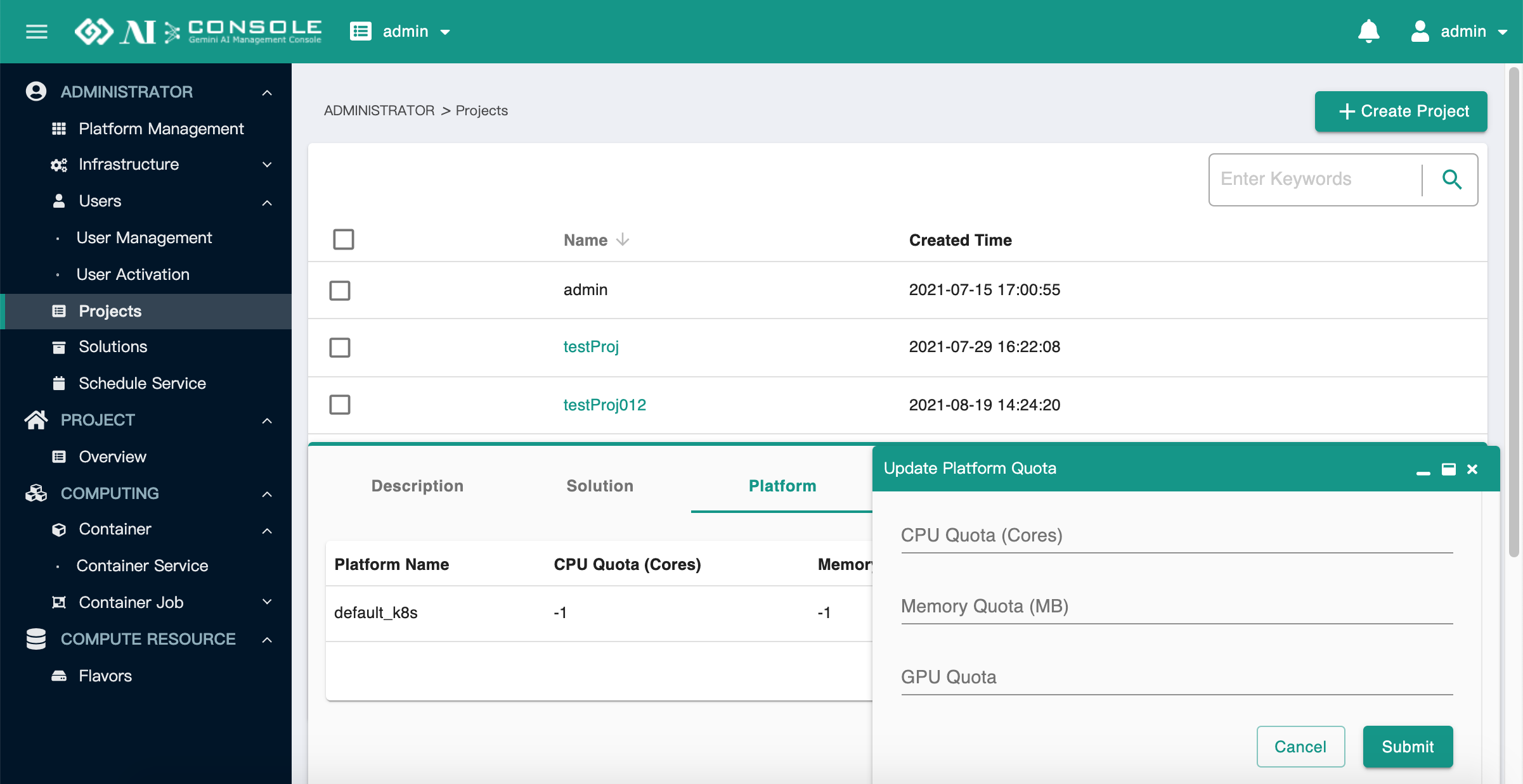 project platform quota