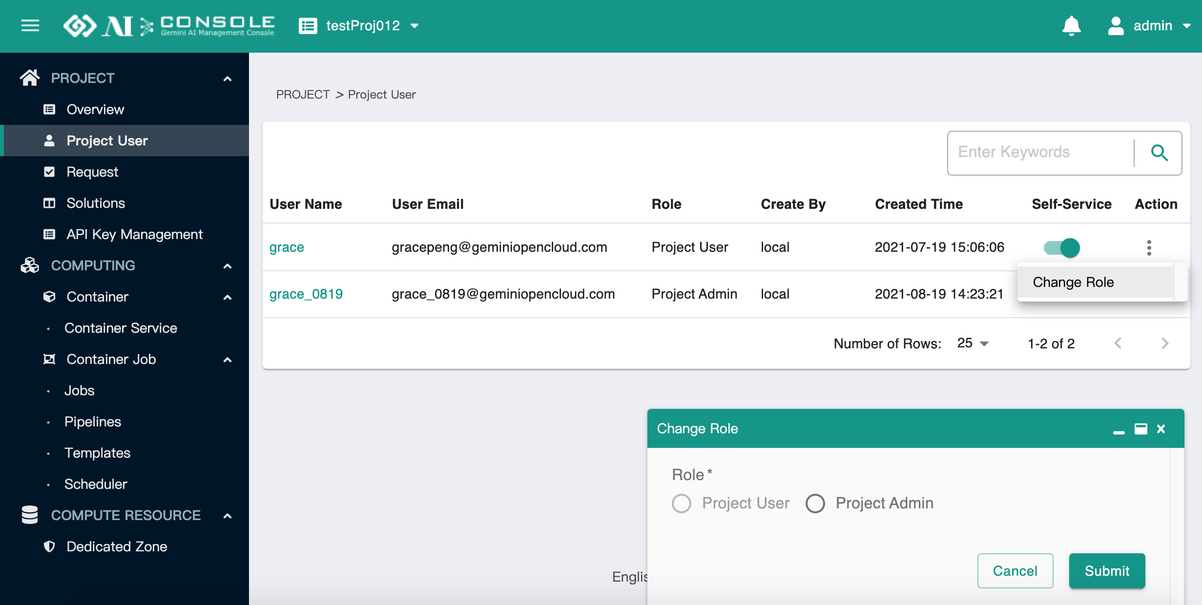 project change user role