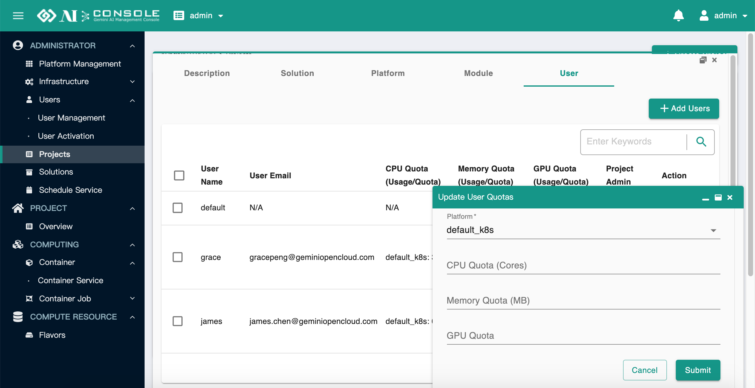 project update user quota