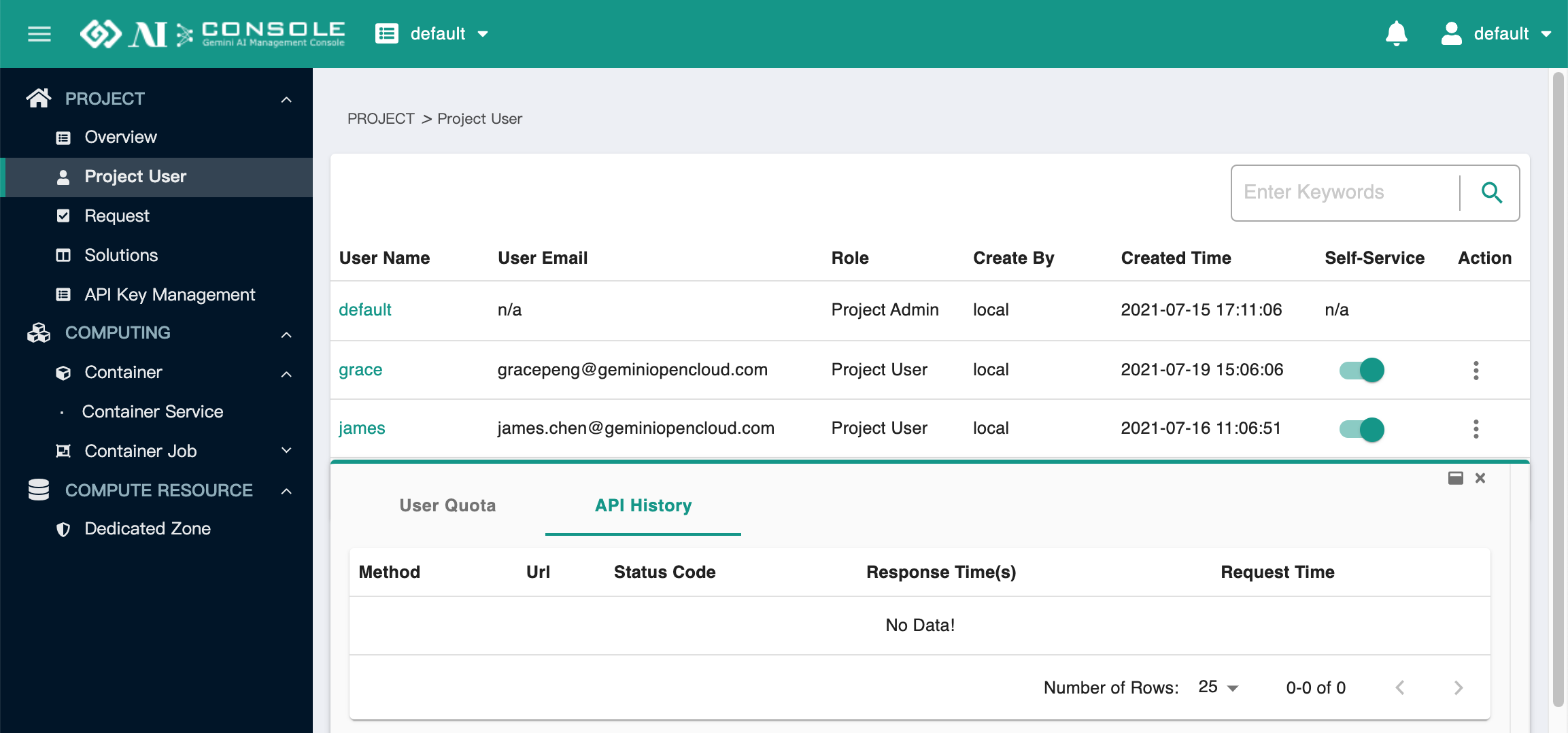 project user API history