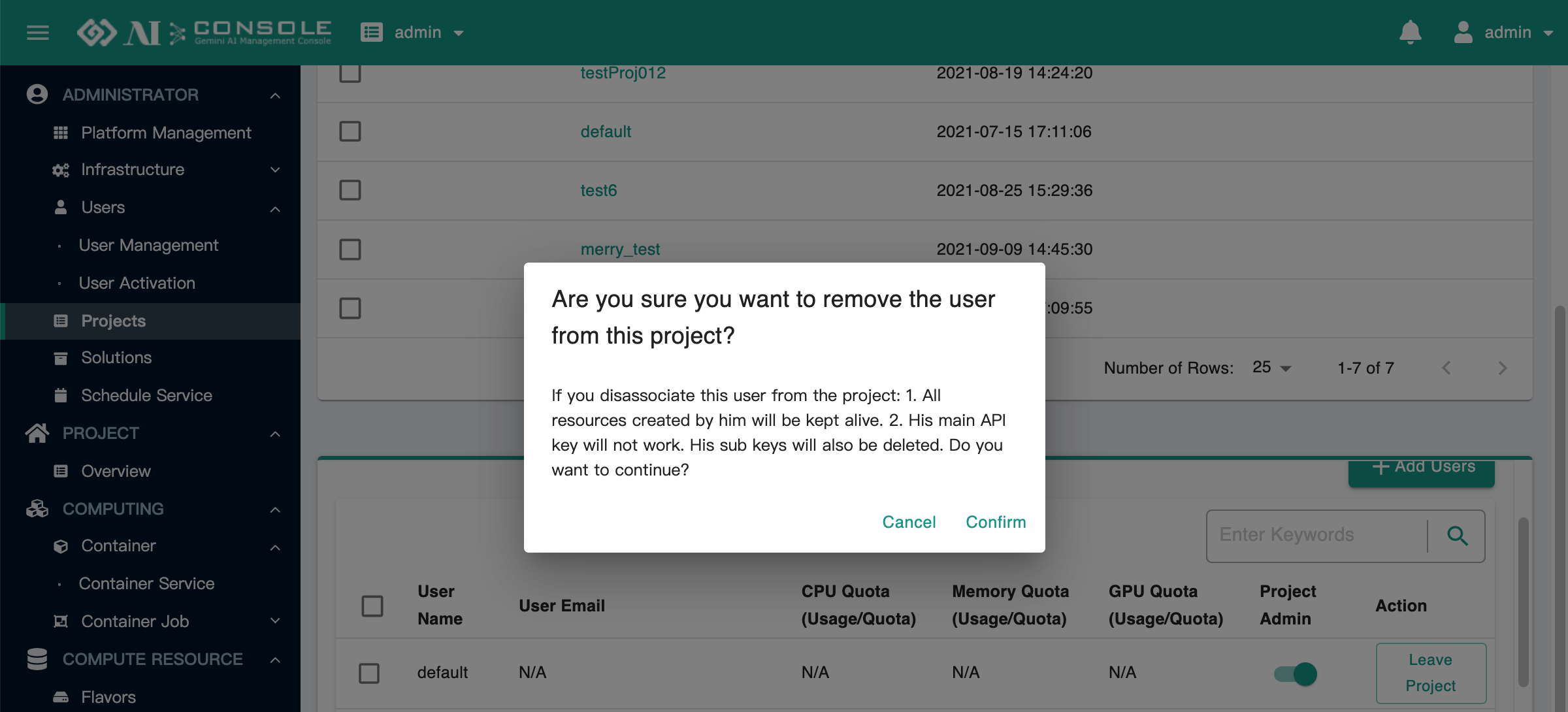 project user leave project confirm