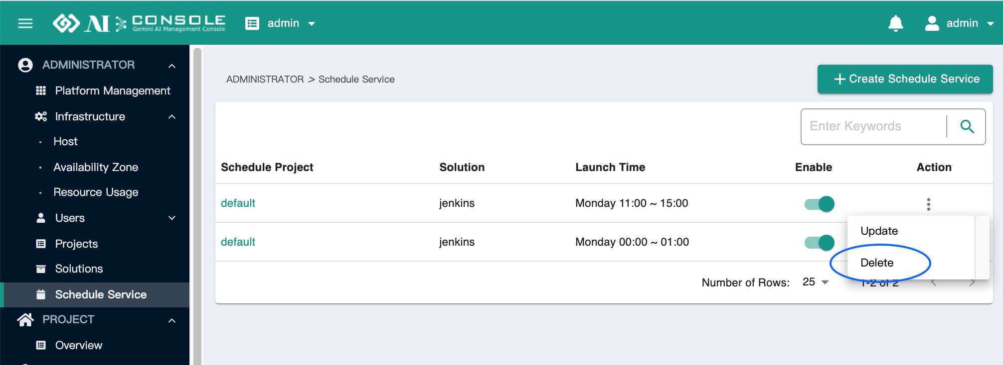 schedule service actions