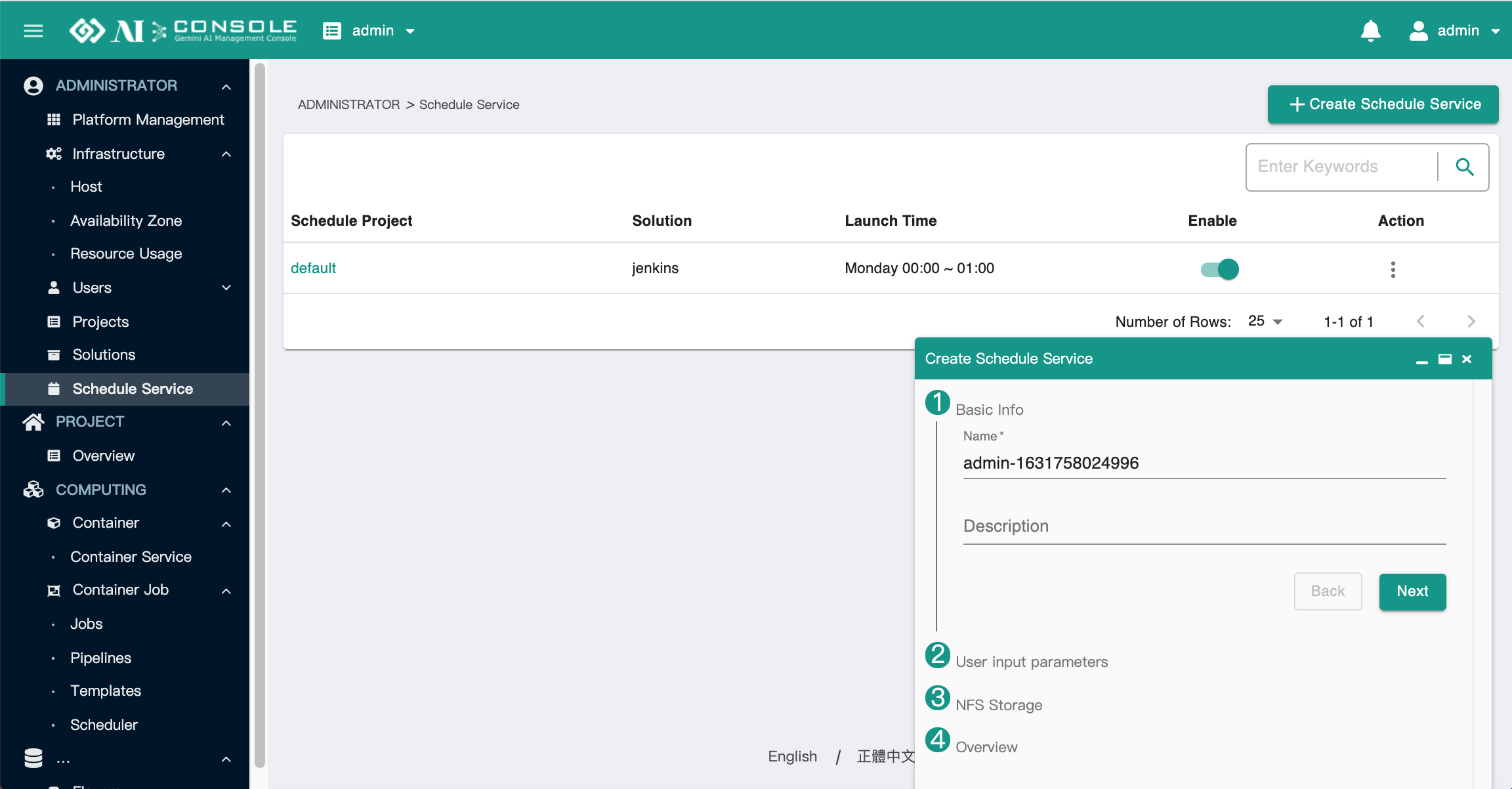 schedule service create container 1