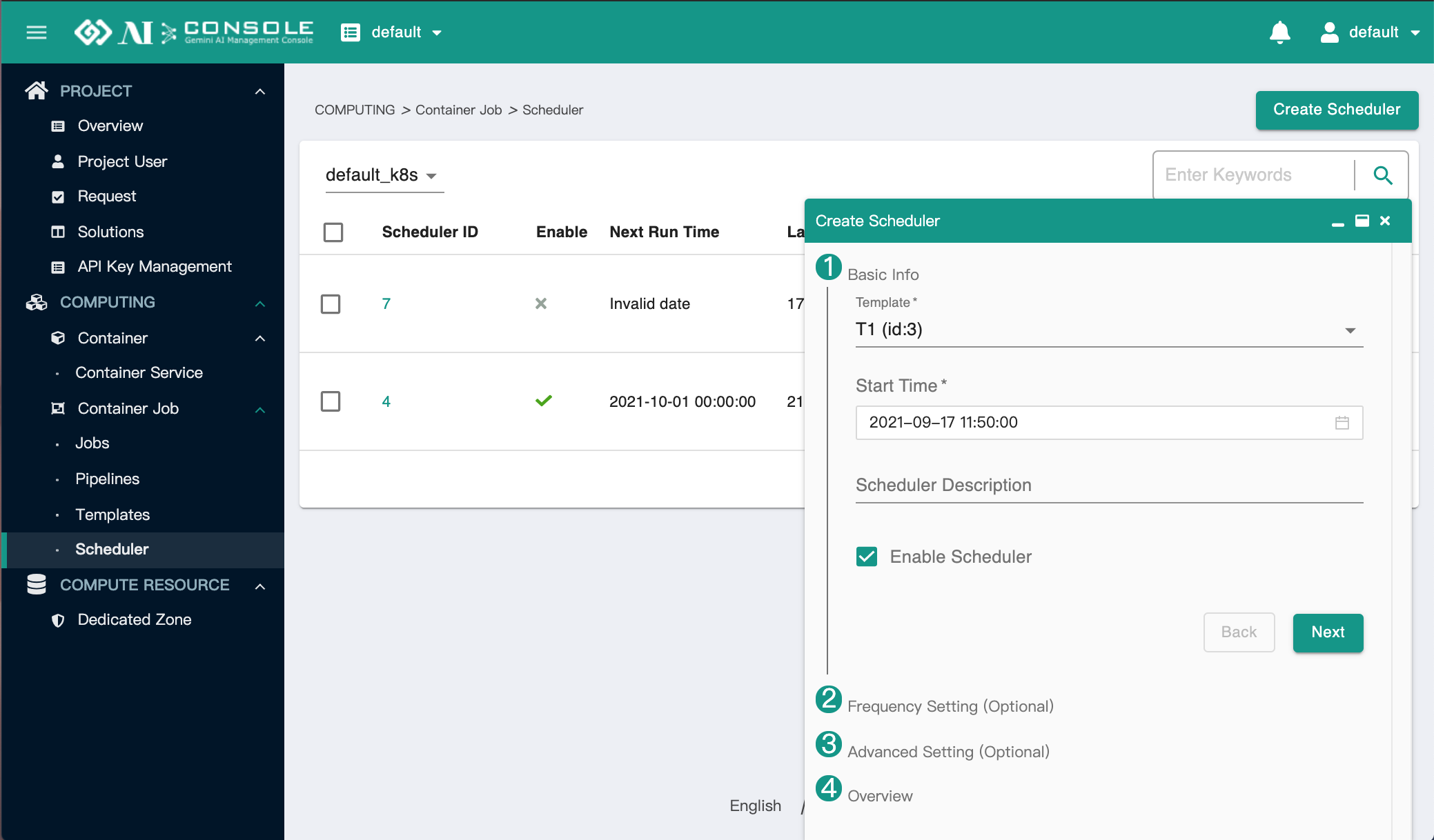 scheduler create 1