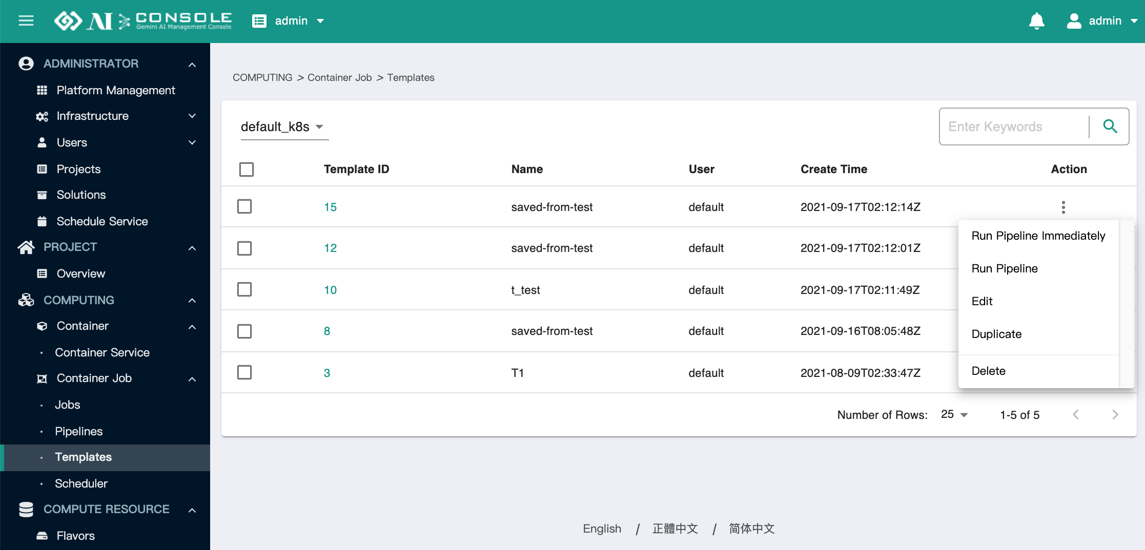 template actions