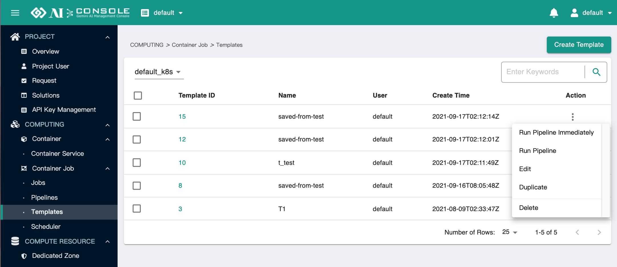 template actions